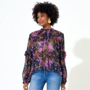 OLIPHANT Floral & Ruffle Chiffon Blouse | Size M